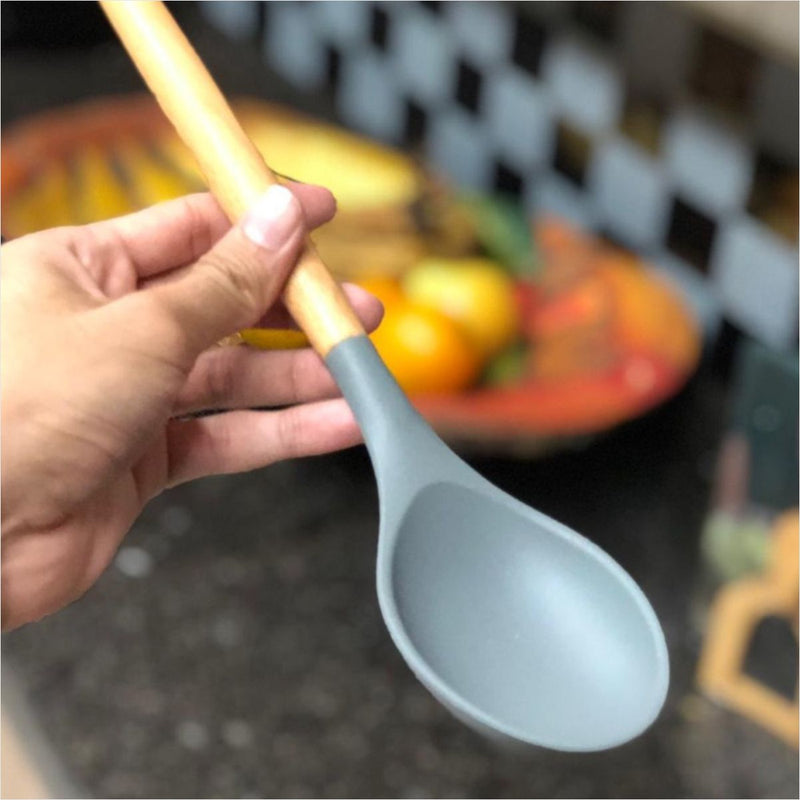 Colher Silicone Cabo Madeira 31cm Sem BPA
