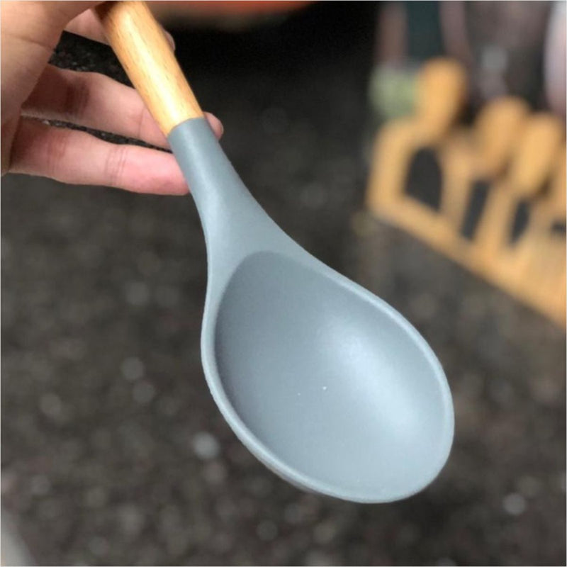 Colher Silicone Cabo Madeira 31cm Sem BPA