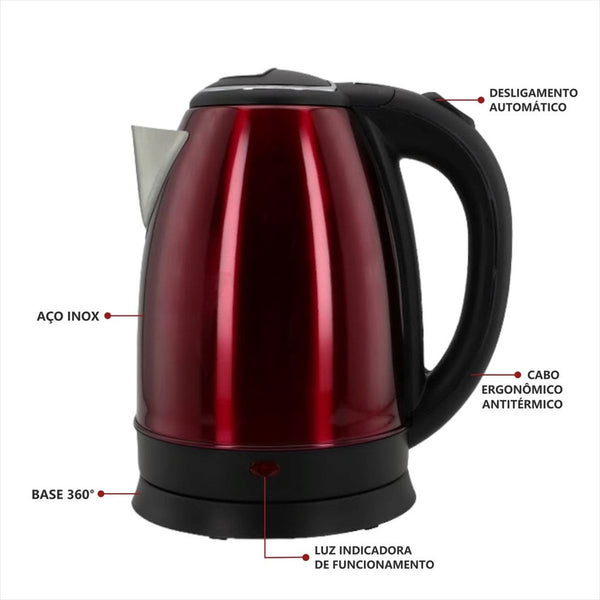 Chaleira Elétrica Inox Vermelha 1.8 Litros 127V
