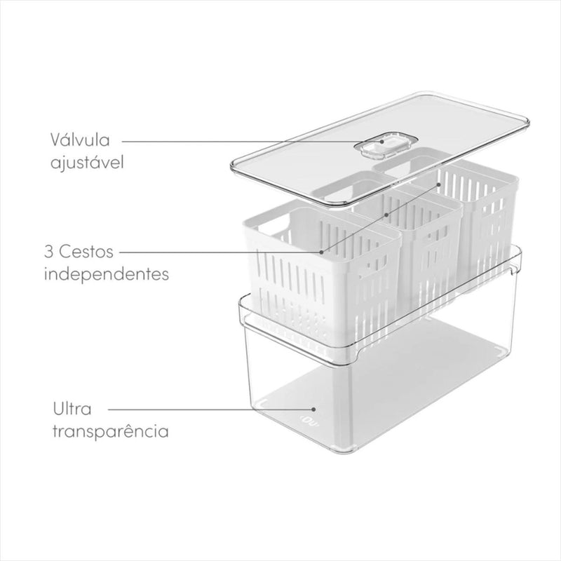 Organizador Geladeira 3 Cestos Acrílico 5 Litros