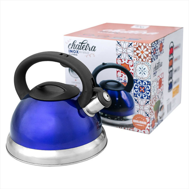 Chaleira Inox Azul 3 Litros Apito Indução