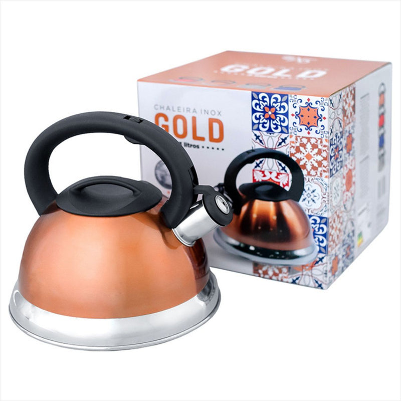 Chaleira Inox Dourada 3 Litros Apito Indução